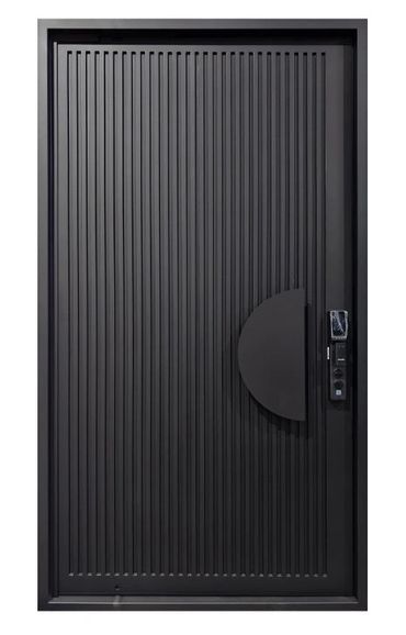 Modern black door with vertical lines and circular handle.