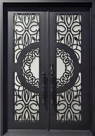 Elegant black double doors with intricate wrought iron designs and glass panels.