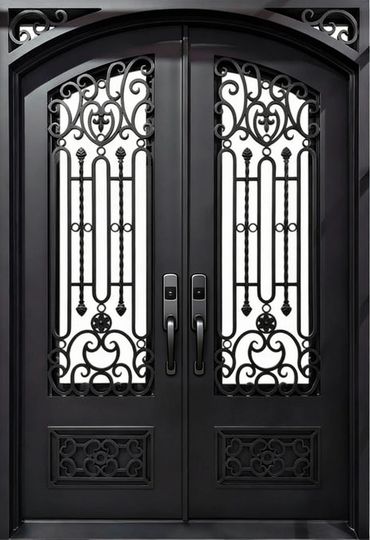 Elegant black double door with intricate wrought iron designs and modern handles.