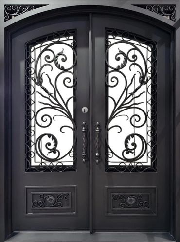 Elegant black double doors with intricate wrought iron scrollwork.
