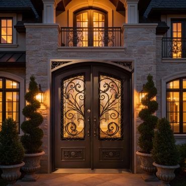 Elegant front entrance with ornate wrought iron doors and warm lighting.