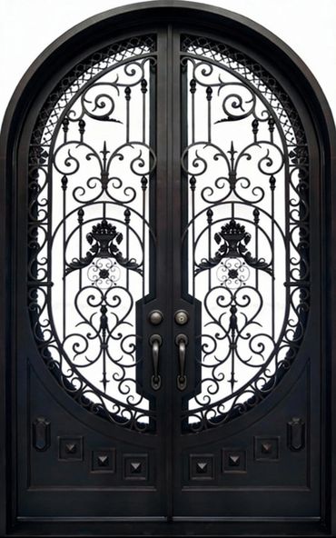 Elegant black wrought iron double door with intricate scrollwork.