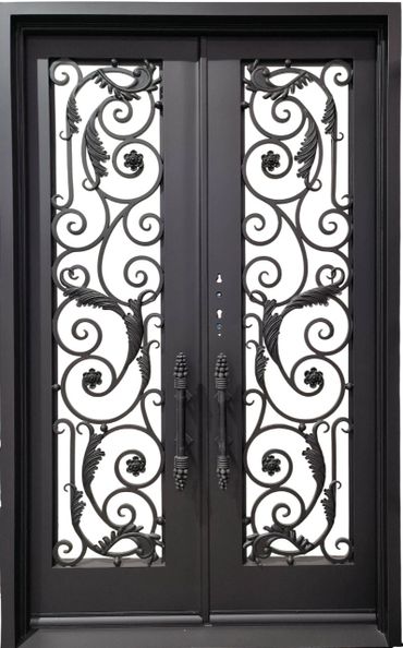 Elegant black wrought iron double door with intricate scrollwork design.