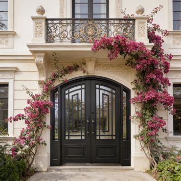 Elegant black double doors framed by climbing pink bougainvillea on a classic cream building.