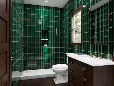 Bathroom with dark green vertical tiles, wooden vanity, and white marble countertop.