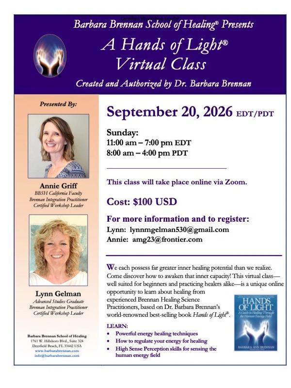 Virtual Hands of Light class on September 20, 2026, with Annie Griff and Lynn Gelman.