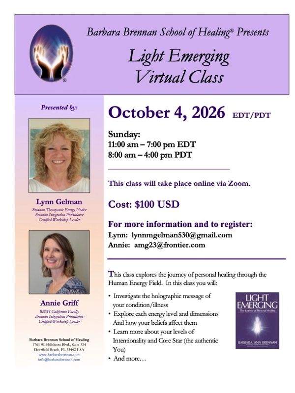 Announcement for Light Emerging Virtual Class on October 4, 2026 by Barbara Brennan School.