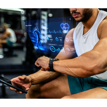 Man tracking fitness data on smartwatch and phone in gym.