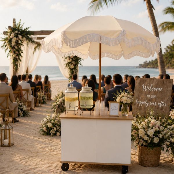 Beach wedding setup with guests and welcome sign.