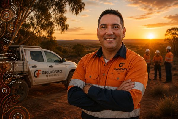 Smiling worker at sunset with Groundforce vehicle.