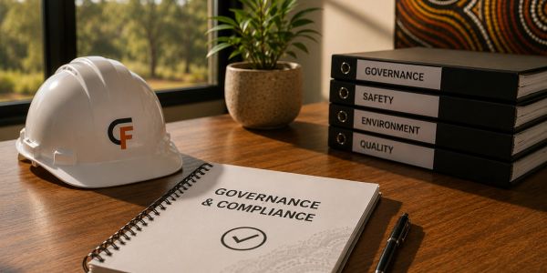 Workplace governance and compliance materials on desk.