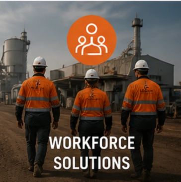 Three construction workers walking towards a facility with 'Workforce Solutions' text.