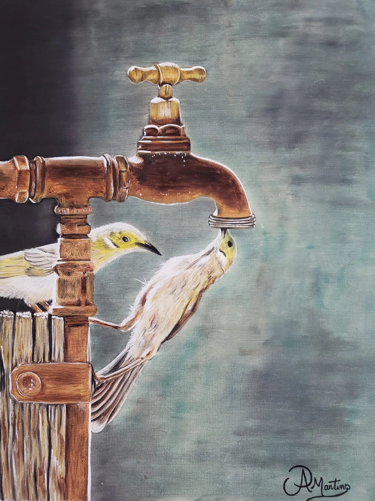 Painting of birds drinking from a faucet.