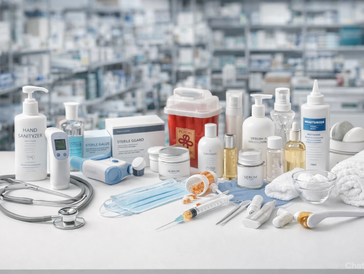 A variety of medical and hygiene supplies arranged on a table.