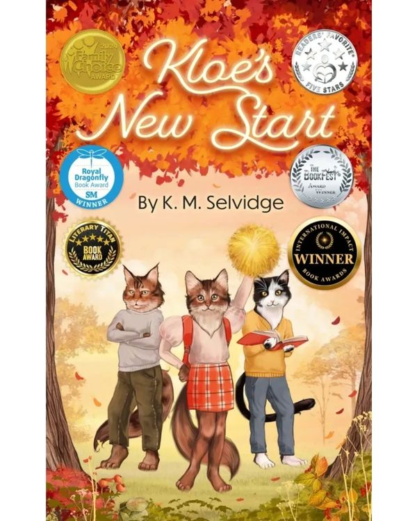 Book cover of "Kloe's New Start" featuring three anthropomorphic cats in autumn.