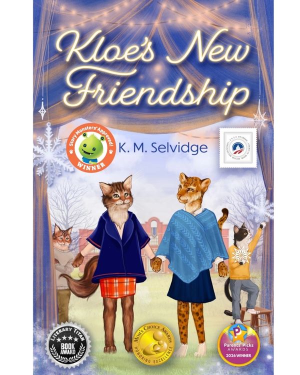 Cover of 'Kloe's New Friendship' featuring anthropomorphic cats in winter attire.