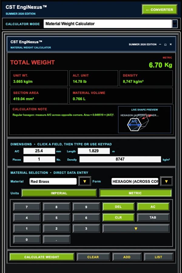 Screenshot of CST EngiNexus Material Weight Calculator interface.