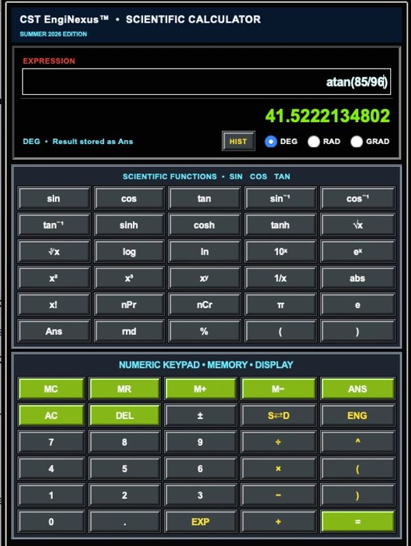 Scientific calculator showing atan(85/96) calculation and result.