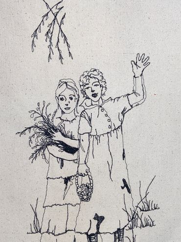 Girls Gathering Flowers and Waving raw natural cotton fabric black thread Barefoot Canvas