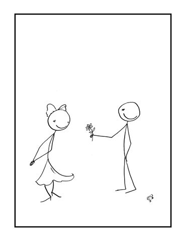 shy stick man giving stick girl flowers, Barefoot Canvas Art Print