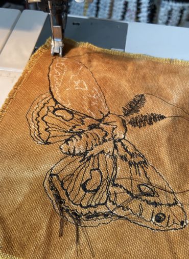 Freehand Machine Embroidery in Progress Glover's Silkmoth Barefoot Canvas yellow onion skin dye