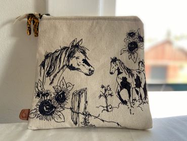 Paint Horses Sunflowers Pouch black ink natural canvas freehand machine embroidery Barefoot Canvas