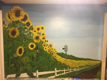 Field of Sunflowers Fence and Windmill Mural wall painting Barefoot Canvas Blue Sky