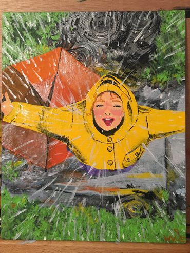 Red Haired Girl in Yellow Raincoat Catching Raindrops on Tongue Holding Orange Umbrella Barefoot Can