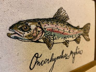 close up Rainbow Trout Oncorhynchus mykiss freehand machine embroidery color thread Barefoot Canvas