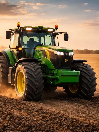 Green tractor working on farmland during sunset.