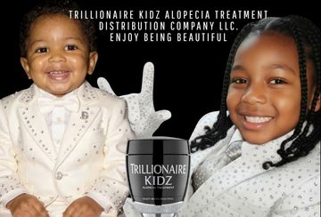 Smiling children promote Trillionaire Kidz alopecia treatment product.