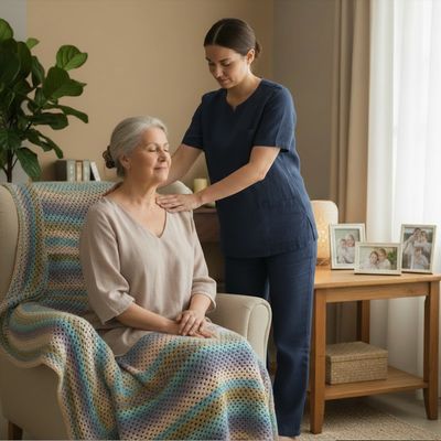 Caregiver giving a shoulder massage to a relaxed elderly woman.