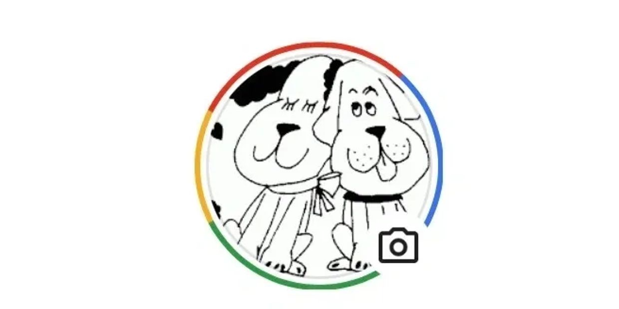 Two cartoon dogs inside a colorful circular frame.