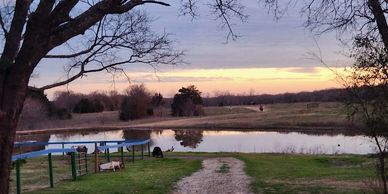 Riders enjoy guided horseback trail by the pond at Chisholm Trail Rides near Dallas, TX.
