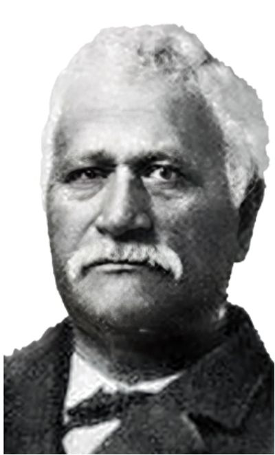 Black and white portrait of an older man with white hair and mustache.