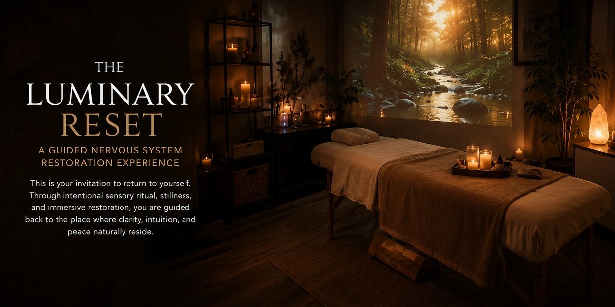 A serene spa room with candles and a nature projection for nervous system restoration.