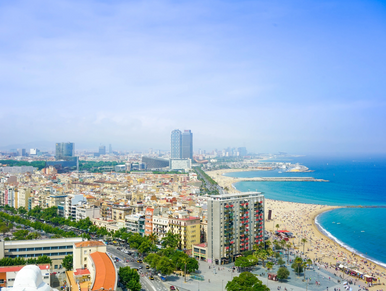 Top view of a city with some long buildings near ocean