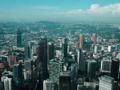 Top view of a city with long buildings