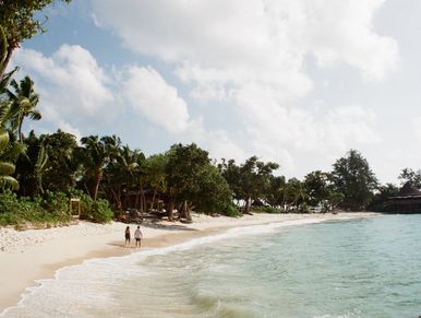 Two people walking near an ocean and trees