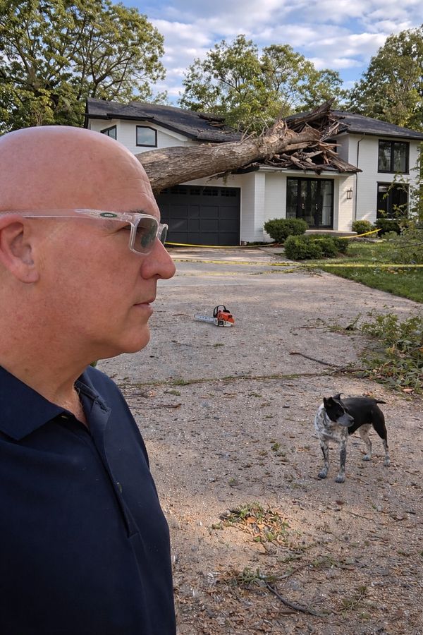 Man in glasses with fallen tree on house and dog nearby.