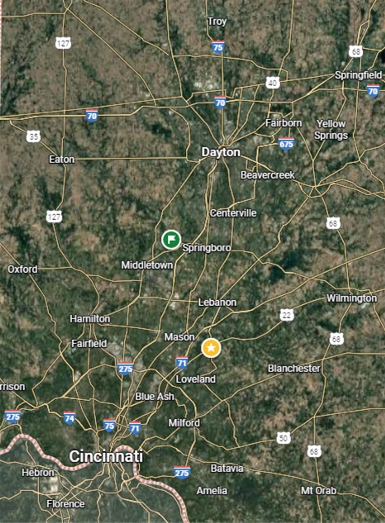 North: Piqua, OH
East: Wilmington, OH
South: Florence, KY
West: Eaton, OH