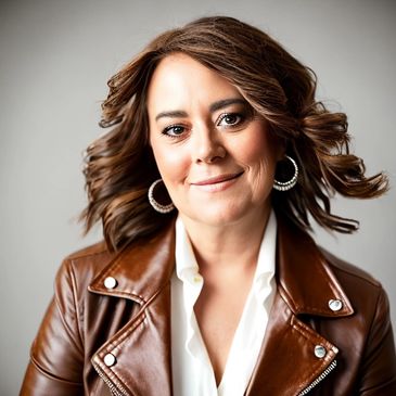 A woman with brown hair is smiling.