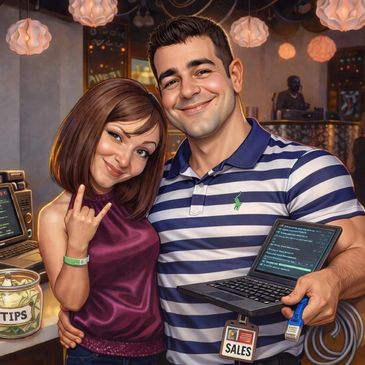 A happy couple posing in a lively bar with a laptop and sales badge.