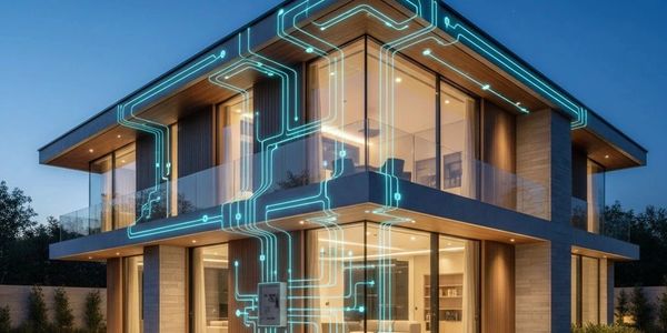 Modern smart home illuminated with digital circuit overlay at dusk.