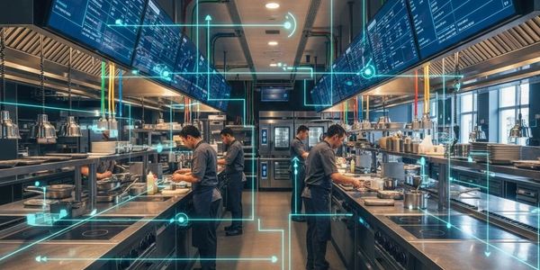 Chefs working in a high-tech kitchen with digital interface overlays.