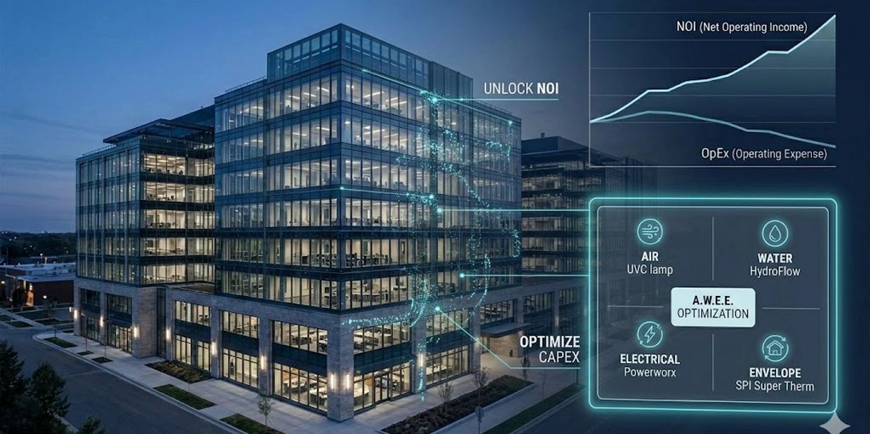 Smart building technology optimizes operating income and expenses using air, water, electrical, and envelope systems.