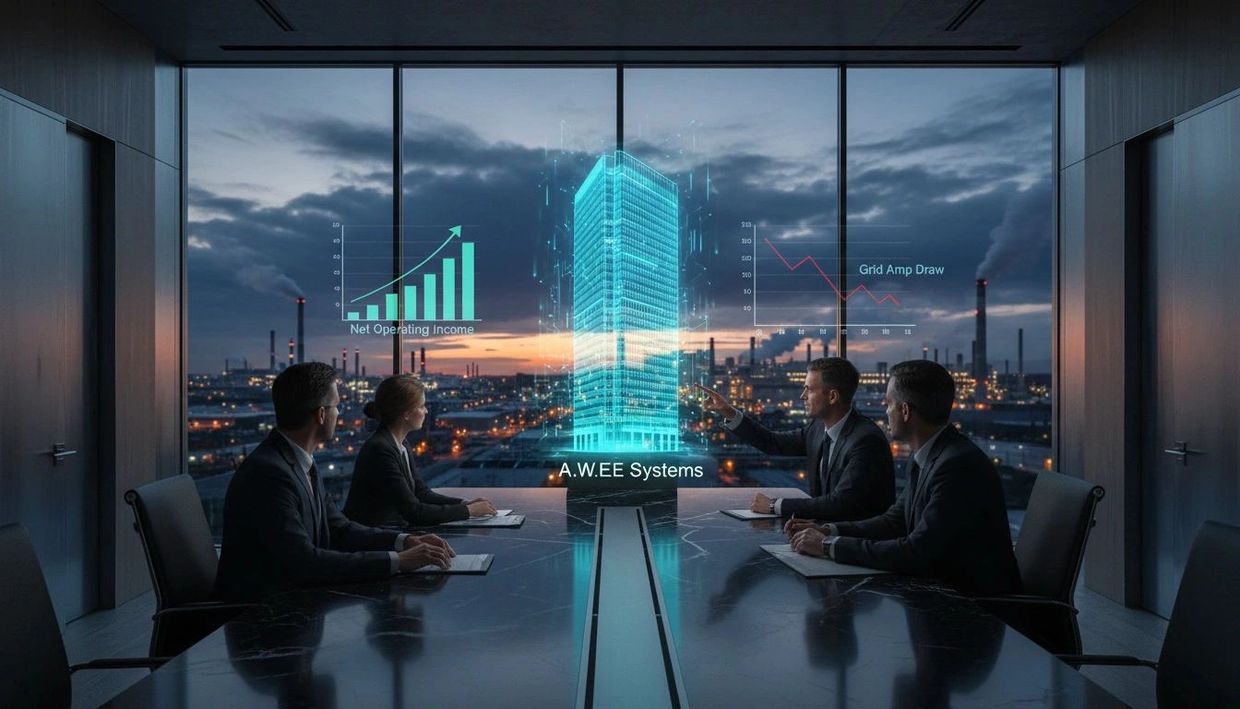 Business meeting with futuristic holographic building and financial charts.