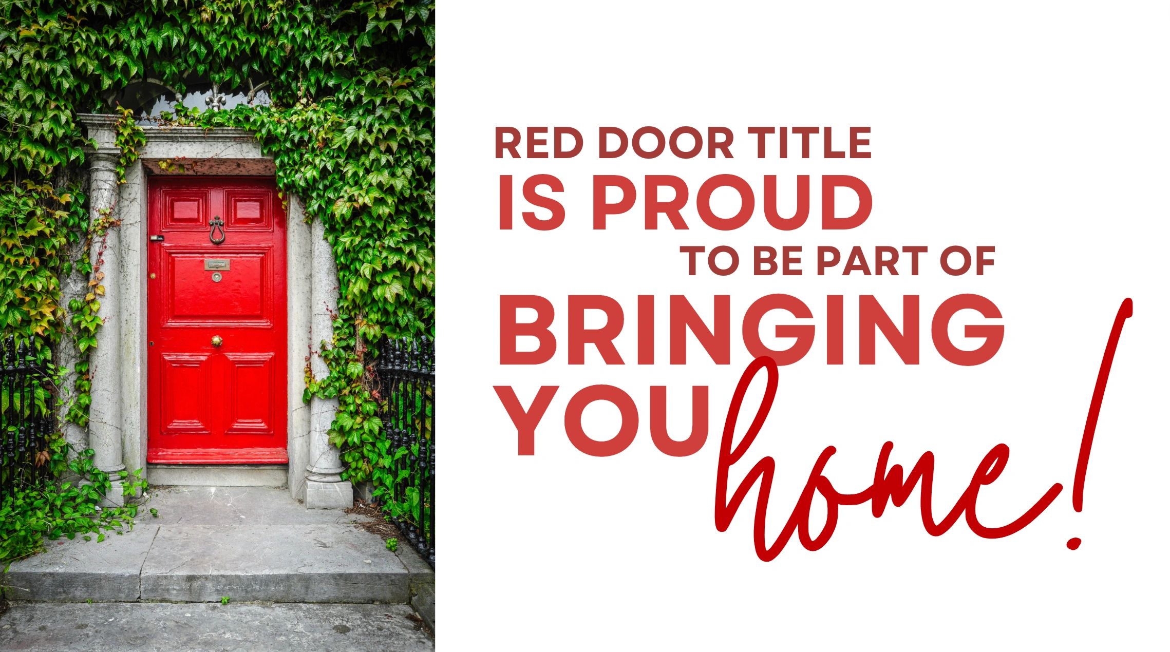 A red door on a gray stoop with gray columns and ivy around it