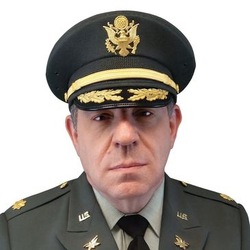 Portrait of a serious U.S. military officer in uniform and cap.