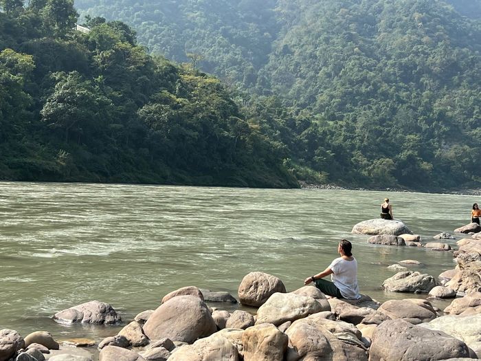 Meditation on the Ganga River in Rishikesh India. 